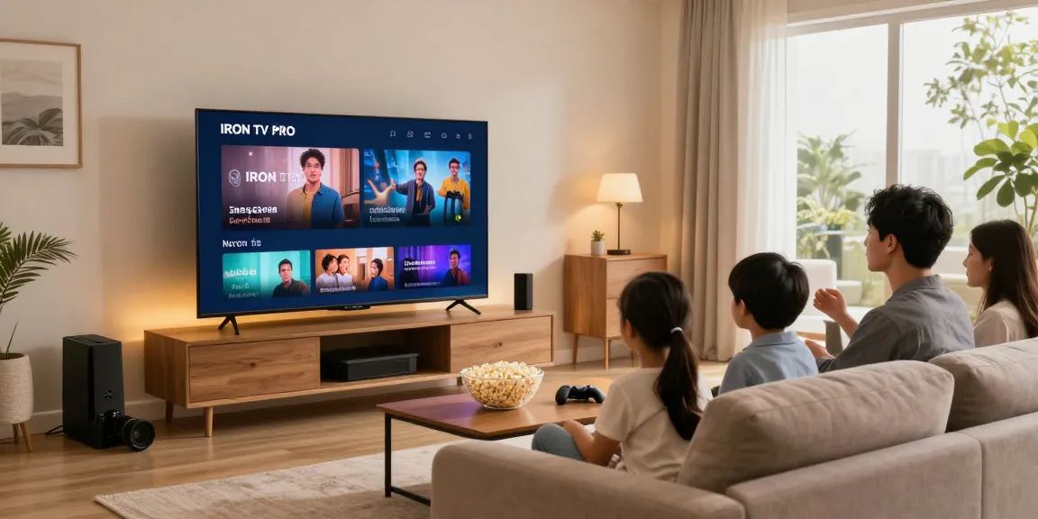 Family enjoying IRON TV PRO streaming in a cozy modern living room, showcasing HD and 4K content.