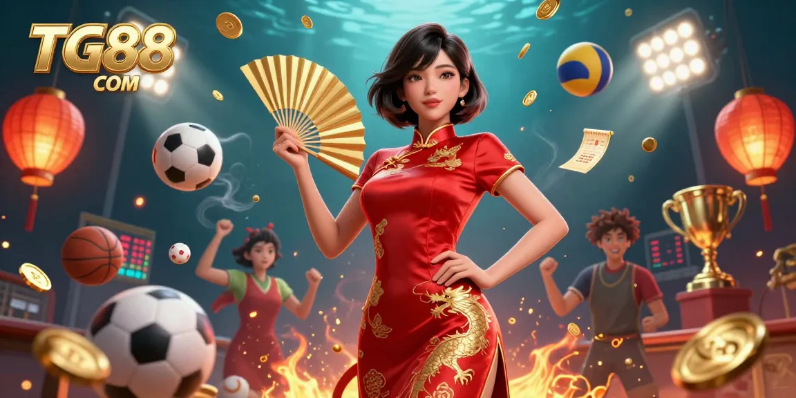 Bet with confidence at TG88 COM, featuring an energetic Asian woman in a vibrant qipao, surrounded by gold coins and dynamic sports elements.
