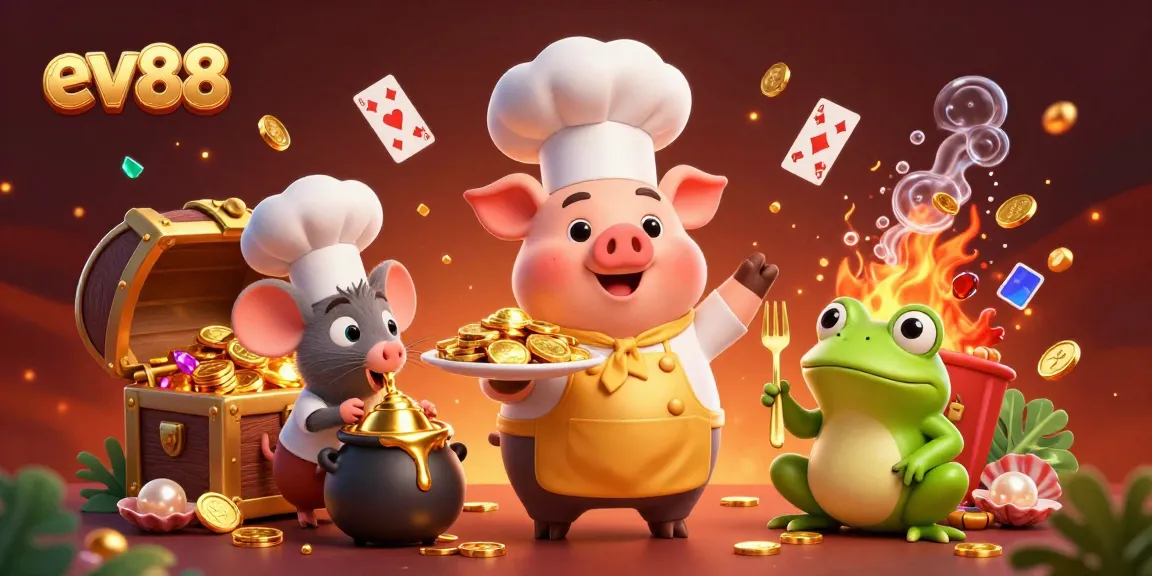 Experience the dynamic world of ev88 with playful characters enjoying a treasure-filled casino adventure.