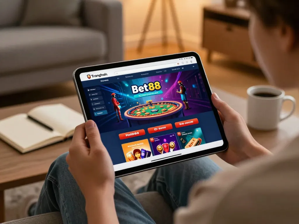 Engaging with the Trang chủ Bet88 platform for online gaming at home with a tablet.