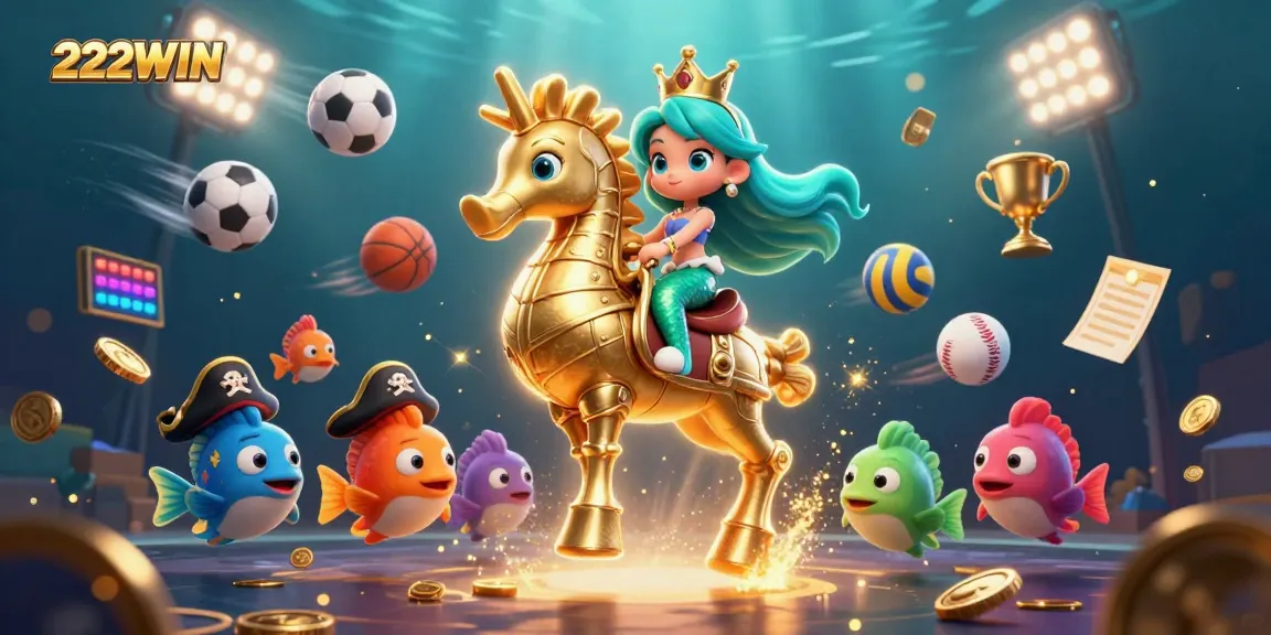 Engage with 222WIN in an exciting casino underwater adventure, showcasing vivid 3D characters and thrilling sports betting elements.