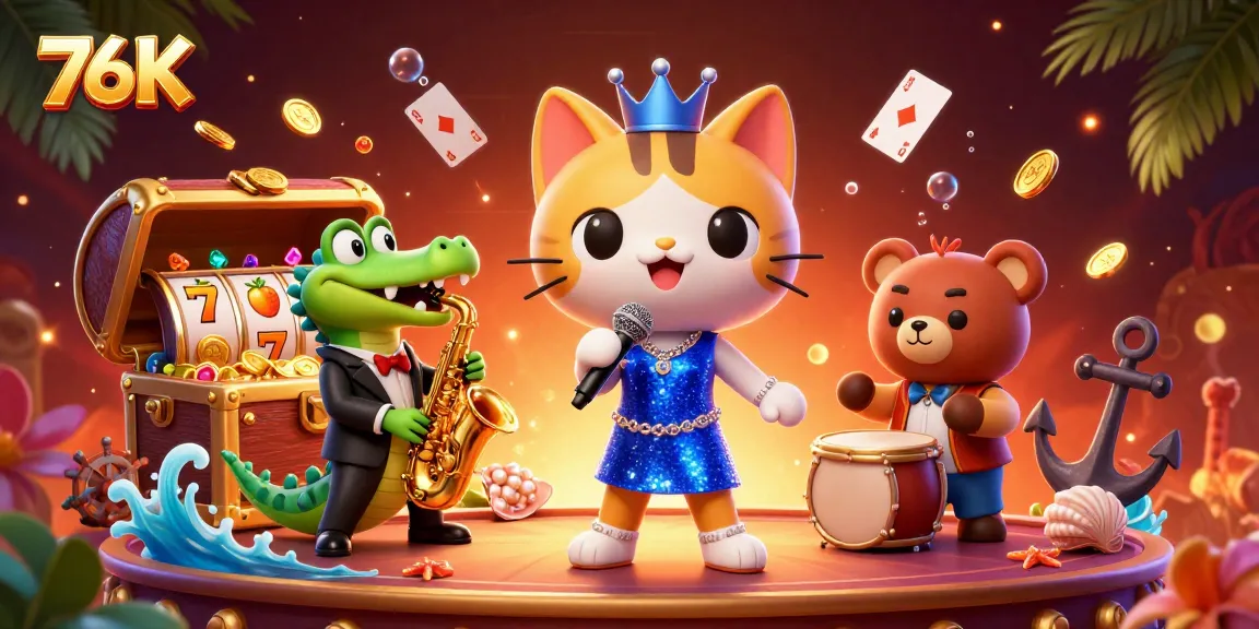 Experience exhilarating gaming at 76K with a 3D casino scene featuring vibrant characters and dynamic slot elements.