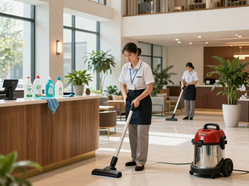 Hotelreinigung in Dortmund: Professionelle Reinigungskräfte sorgen für eine saubere Hotel-Lobby.