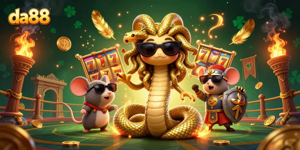 Spin to win with da88’s charming Medusa and warrior mouse in a vibrant casino scene!