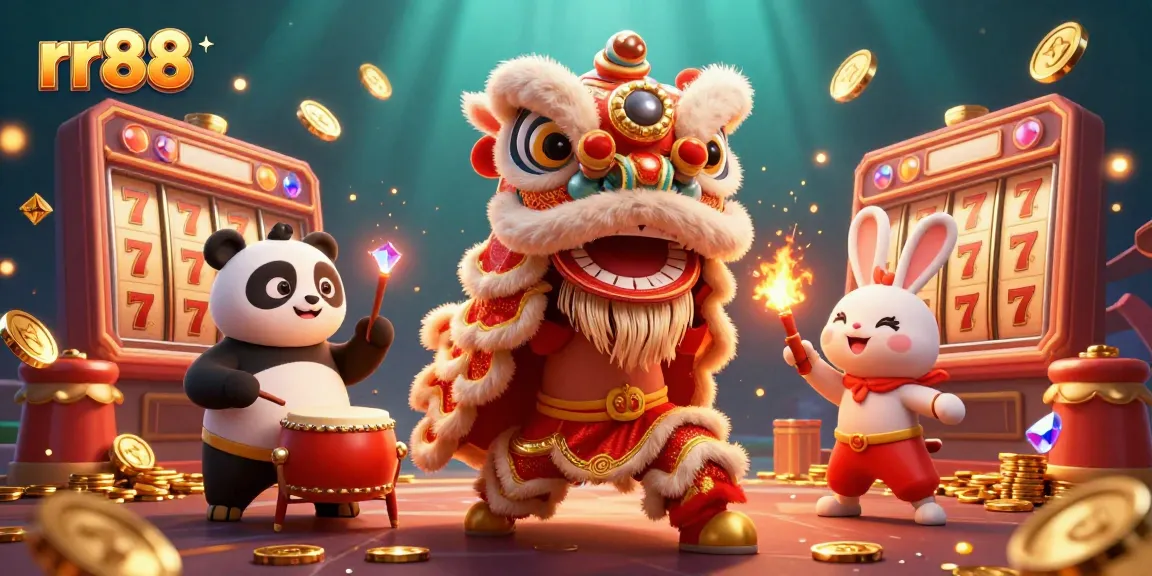 Experience thrilling jackpots at rr88 with vibrant visuals of a lion dance and golden treasures.