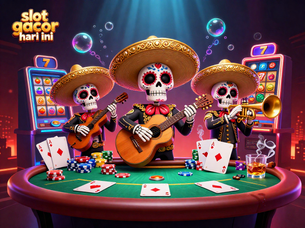 Engage in slot gacor hari ini with a mariachi band and vibrant casino elements in this dynamic illustration.