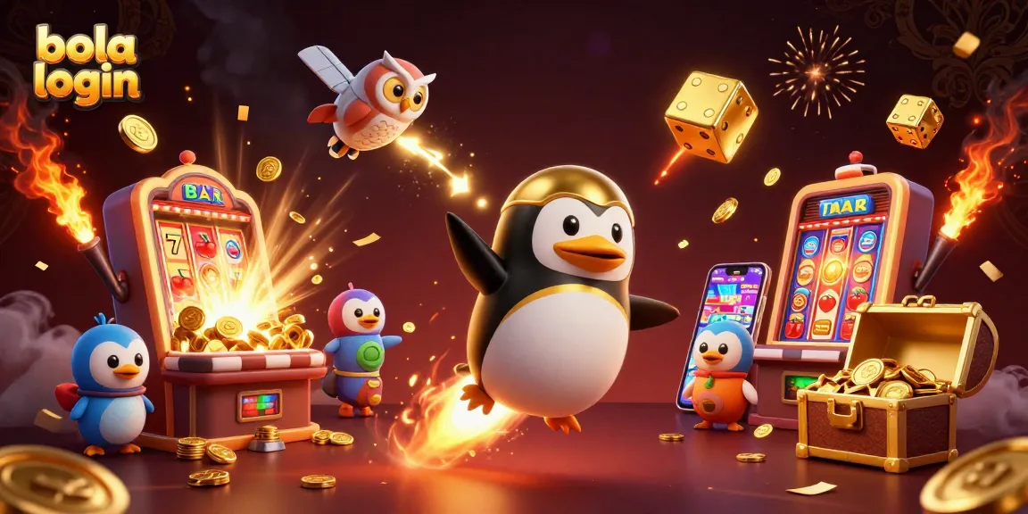 Engage with the best of online gaming at bola login, featuring a golden penguin and vibrant casino elements.