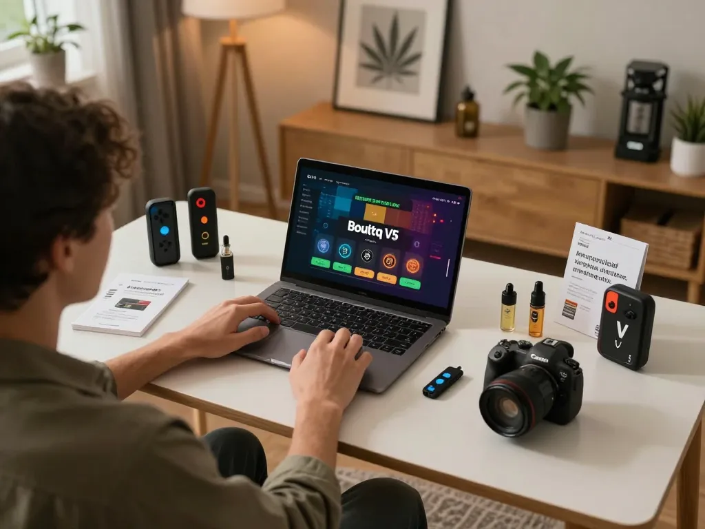 Reviewing the Boutiq Switch V5 in a cozy home gaming setup while browsing online casino strategies.