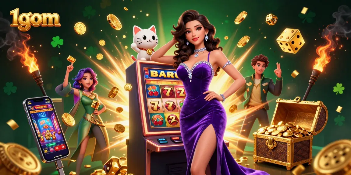 Experience thrilling wins with 1gom’s vibrant jackpot scene featuring slot machines and fortune cats.