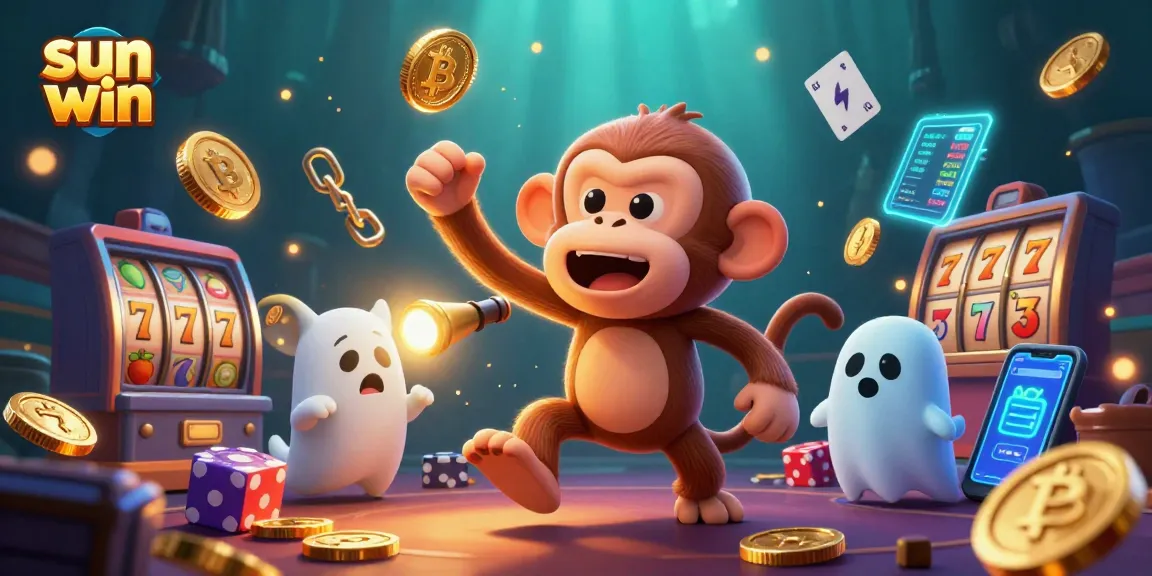 Engage with sun win gaming excitement in a vibrant casino scene featuring a playful monkey and curious puppy.
