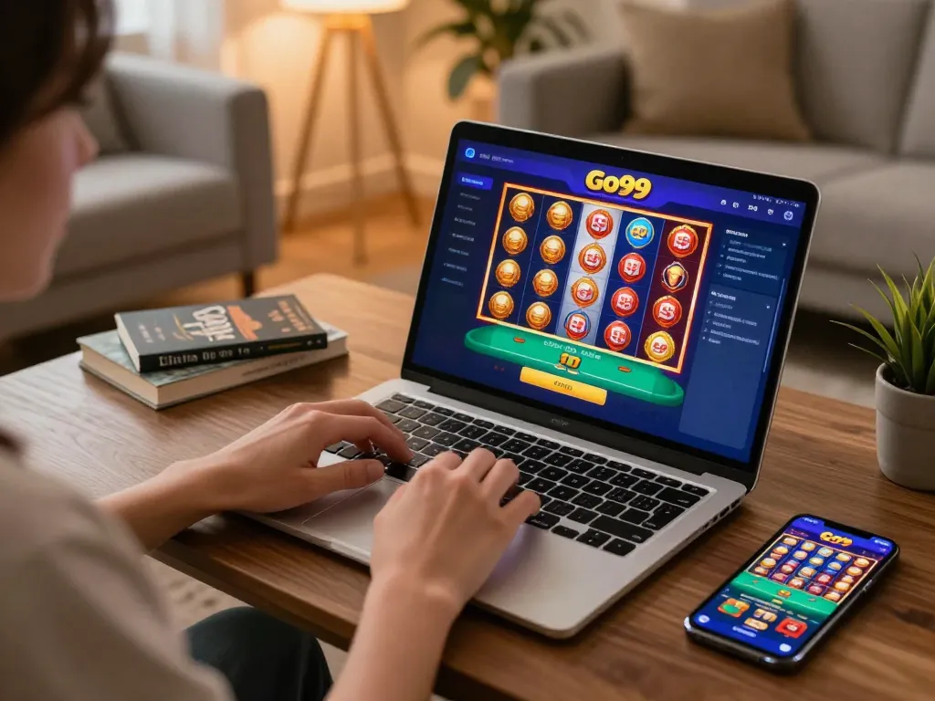 Engaging gameplay on the Go99 app showcasing casino slots in a cozy home setting.
