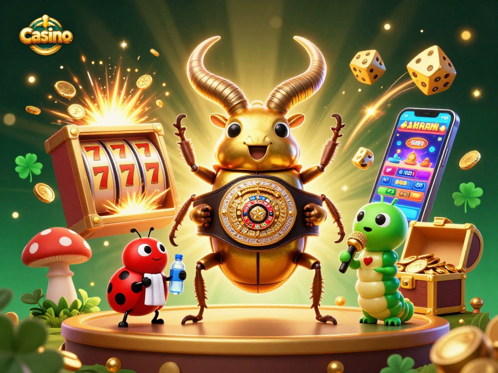 Casino scene with a giant stag beetle and ladybug characters amidst exploding slot machines and gold.