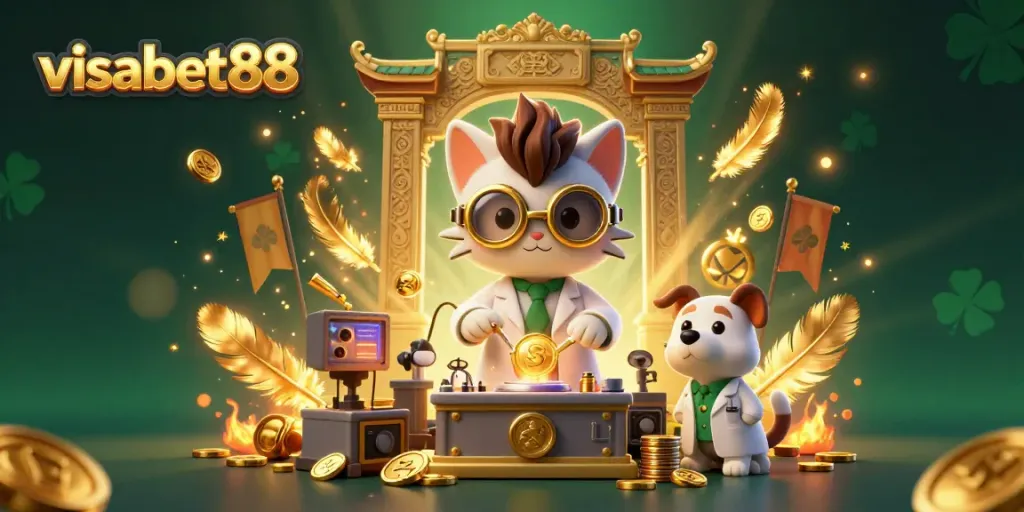 Experience the excitement of gambling at visabet88 with the mad scientist cat creating gold coins in a vibrant casino scene.