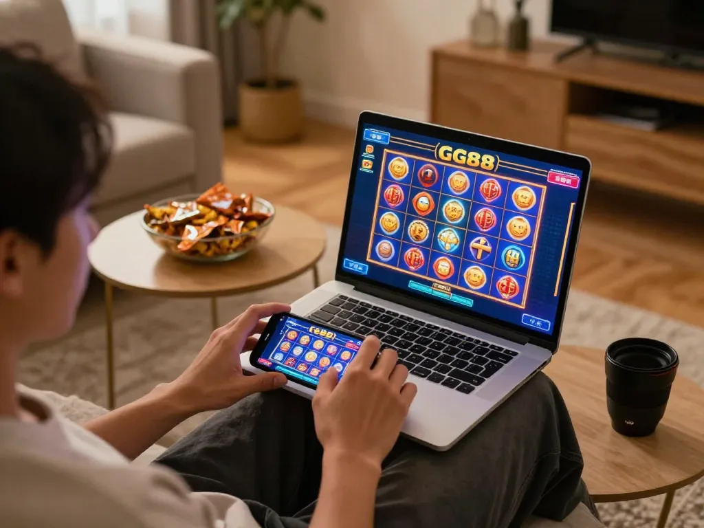 Playing GG88 online casino games on a cozy sofa with snacks and gaming devices.