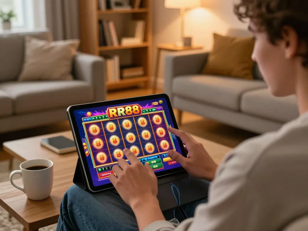 Player enjoying RR88 slots on a tablet with warm home ambiance.