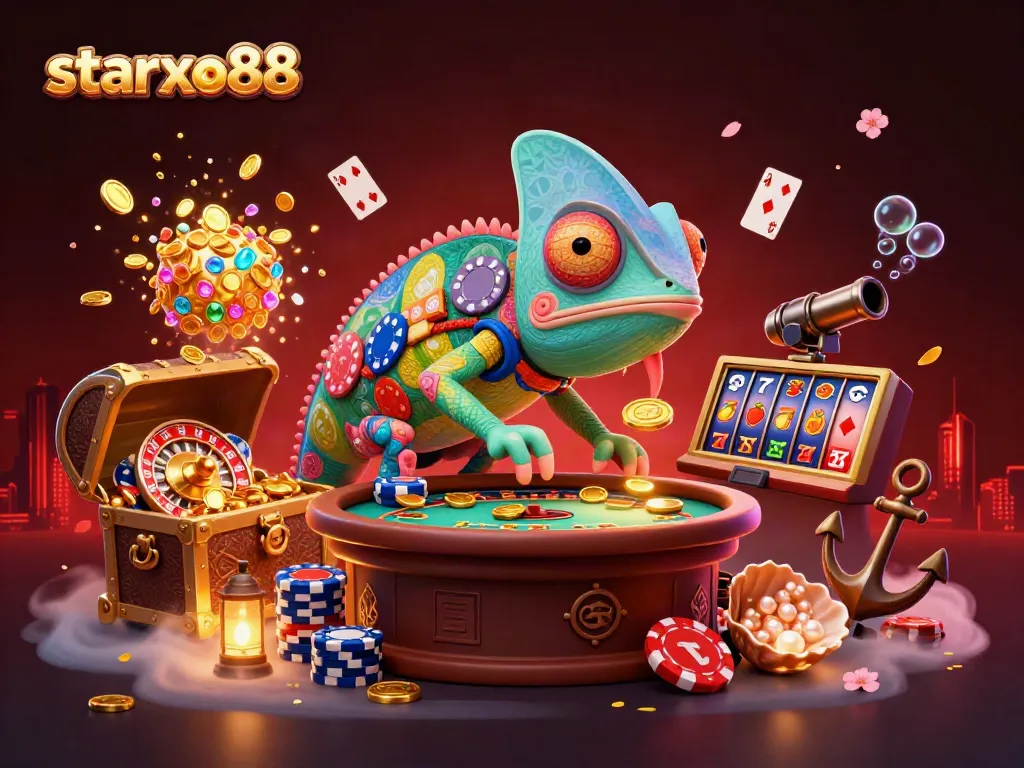 Experience the excitement at starxo88 with vibrant 3D casino illustration featuring chameleon-themed characters.