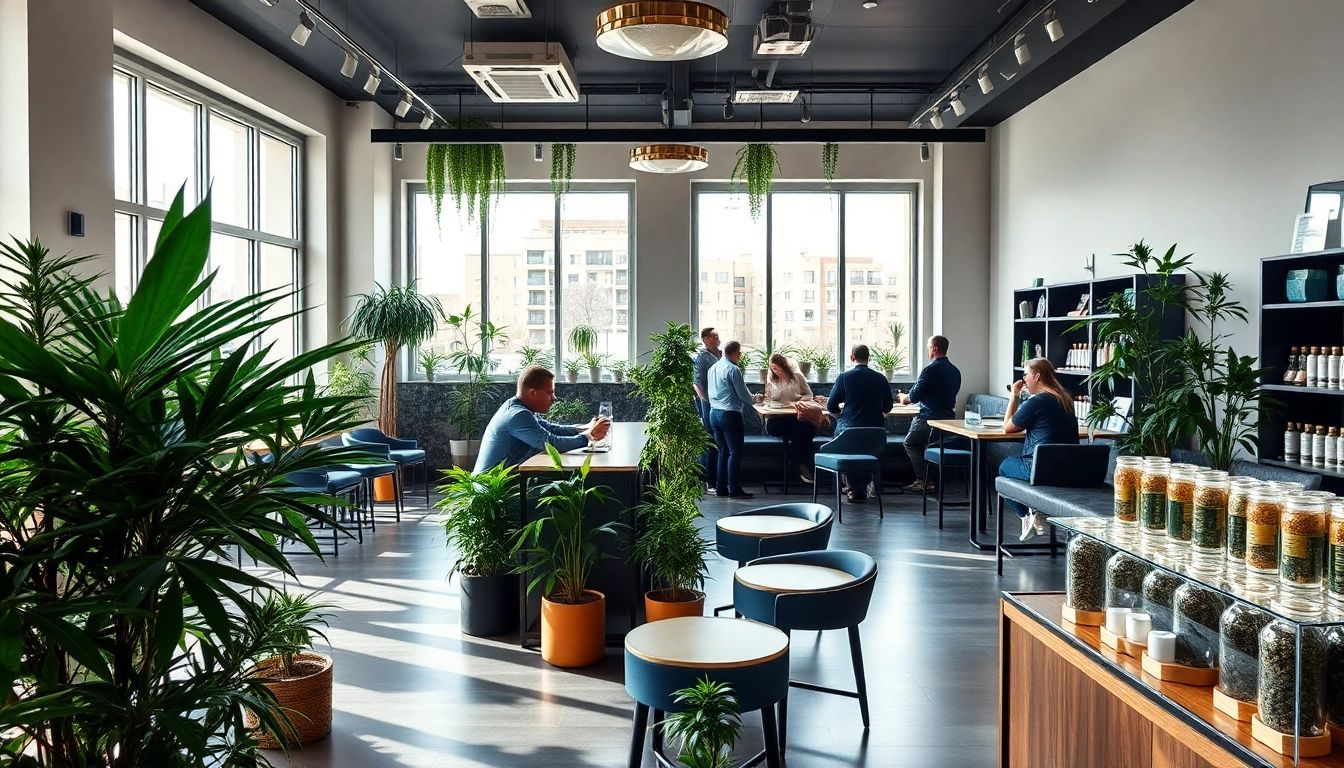 Cannabis Club Madrid showcasing a vibrant lounge filled with green plants and relaxed patrons.