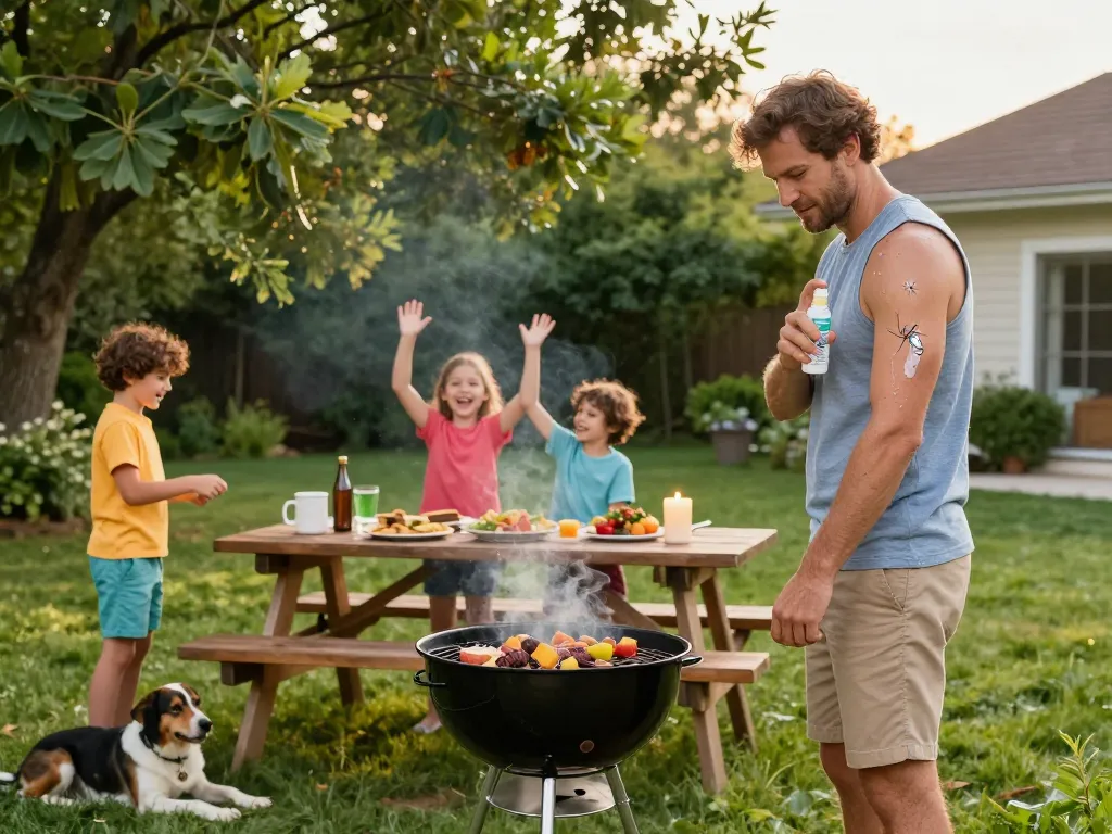 Family enjoying a barbecue with Best Mosquito Repellent being applied, showcasing outdoor fun.