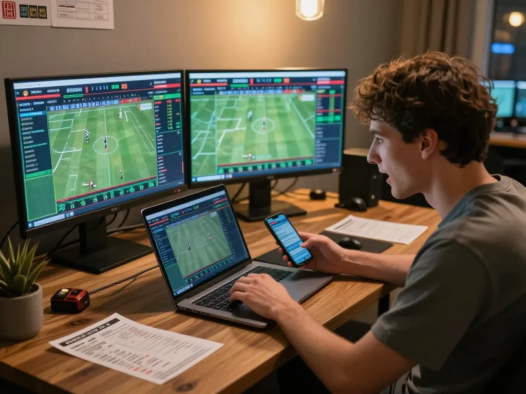 GG88 player engaged in strategic sports betting session with multiple screens displaying odds and live events.