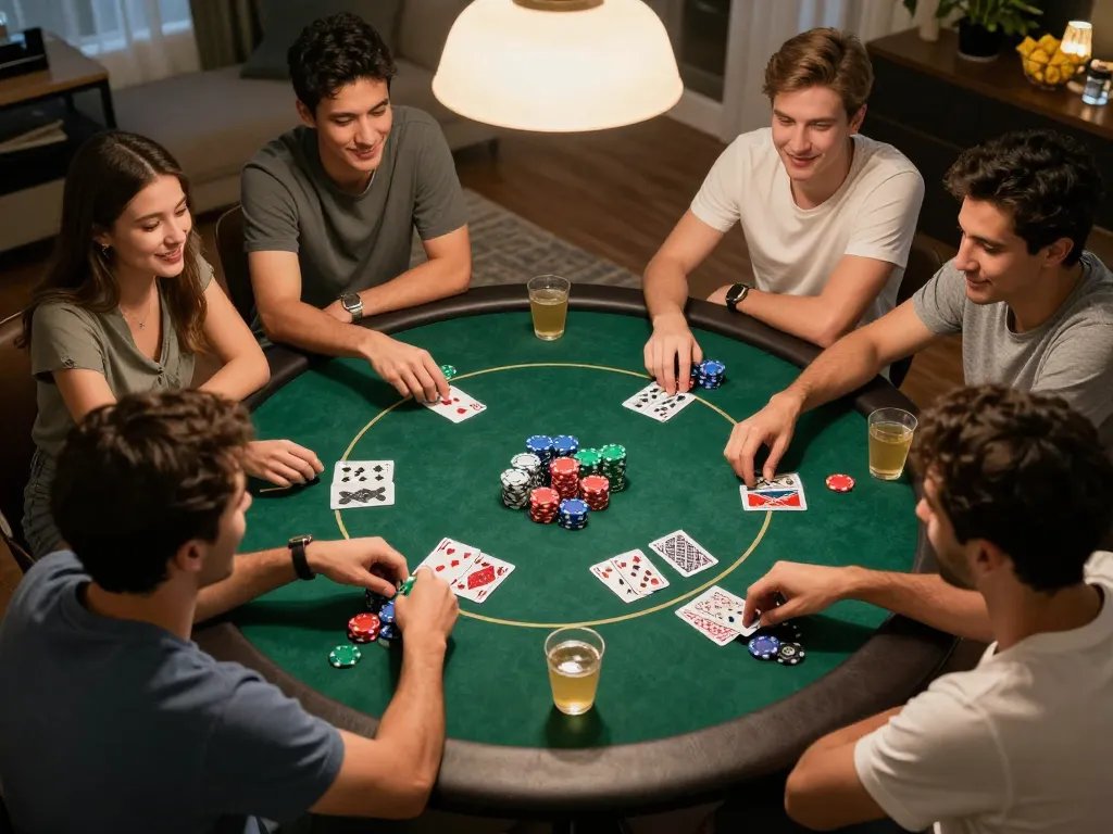 Friends enjoying a poker night while accessing link resmi for secure betting options.