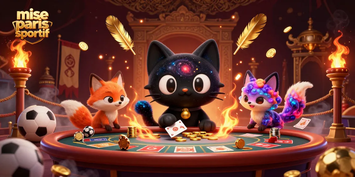 Pariez sur mise paris sportif avec une illustration d'un chat noir trou noir et un renard nébuleux autour d'une table de casino.