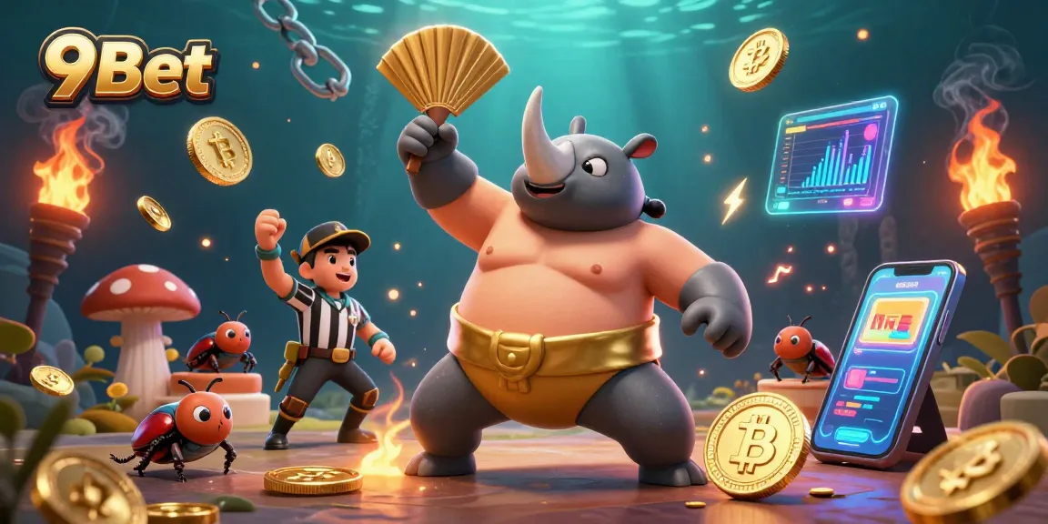 Experience the excitement of 9Bet with a sumo beetle champion amidst blockchain coins and vibrant casino elements.