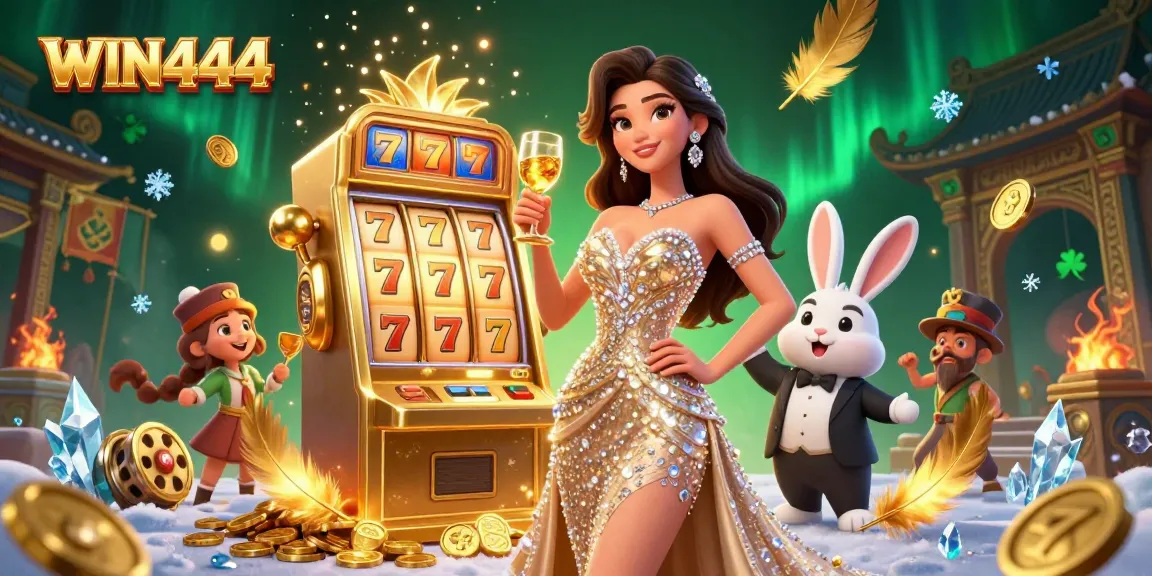 Experience the excitement of WIN444 with a vibrant 3D illustration of a festive casino scene featuring a jackpot slot.