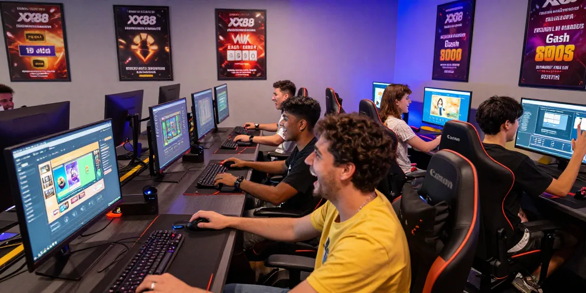 XX88 online gaming lounge scene with players enjoying various games and promotions in a vibrant atmosphere.