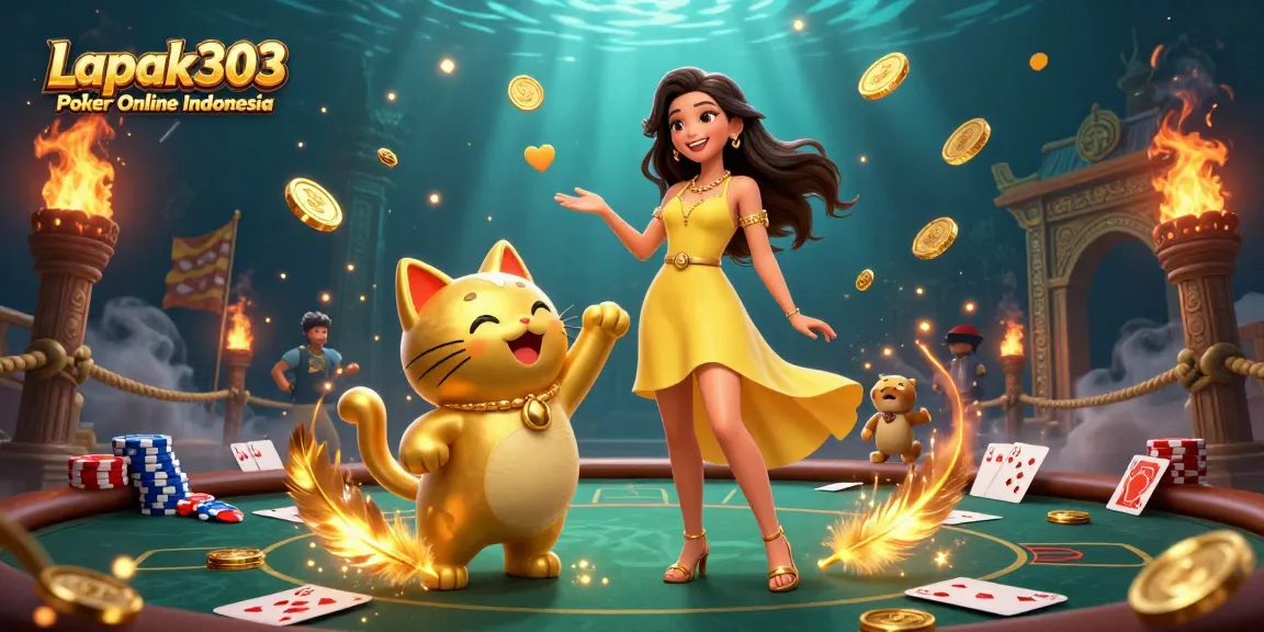 Engage with Lapak303 Poker Online Indonesia through an immersive casino scene featuring a cheerful woman and a lucky cat.