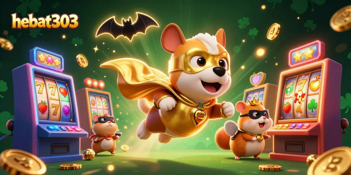 Experience winning moments with hebat303 as a superhero dog cartoon carries gold coins amidst dynamic slot machines.