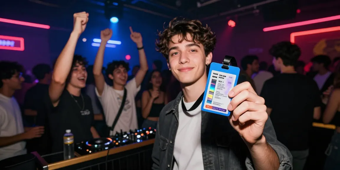 Young adult confidently entering a club with Club21ids novelty ID, vibrant nightlife setting.