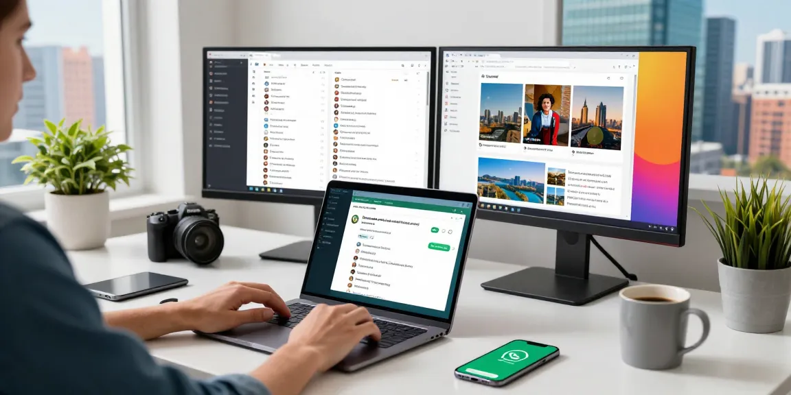 Using WhatsApp網頁版 on a laptop in a modern workspace.