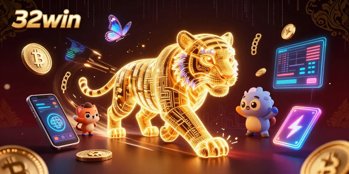 32win online casino features a golden tiger through a digital casino filled with cryptocurrency elements.