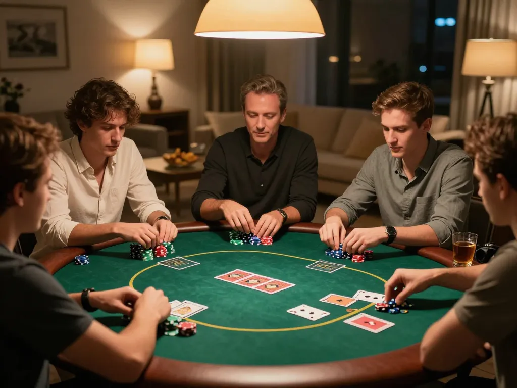 Friends enjoying a thrilling poker game at home with VT88 on the table, warm lighting creating a cozy atmosphere.
