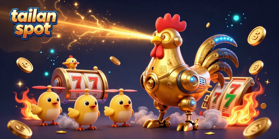 Experience winning with tailan slot, featuring a golden rooster robot and dynamic casino elements.