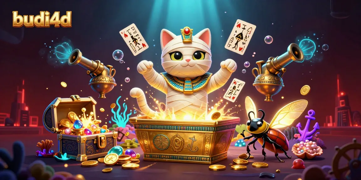Experience luck with budi4d as the Egyptian mummy cat bursts from a golden sarcophagus amidst casino glamour.