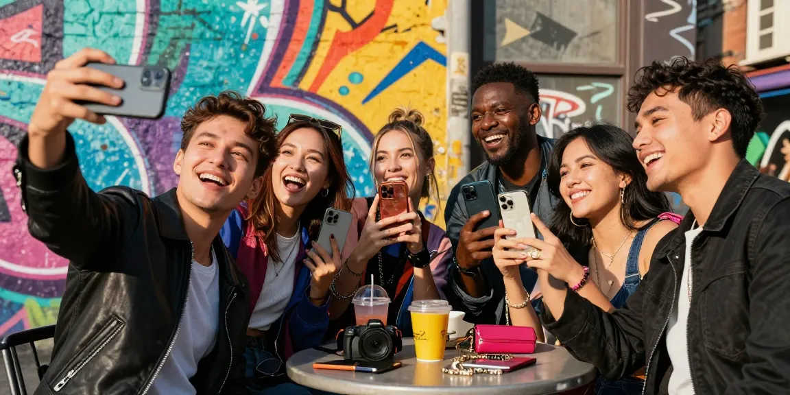 Friends comparing their celebrity look alike matches on smartphones in a vibrant street setting.