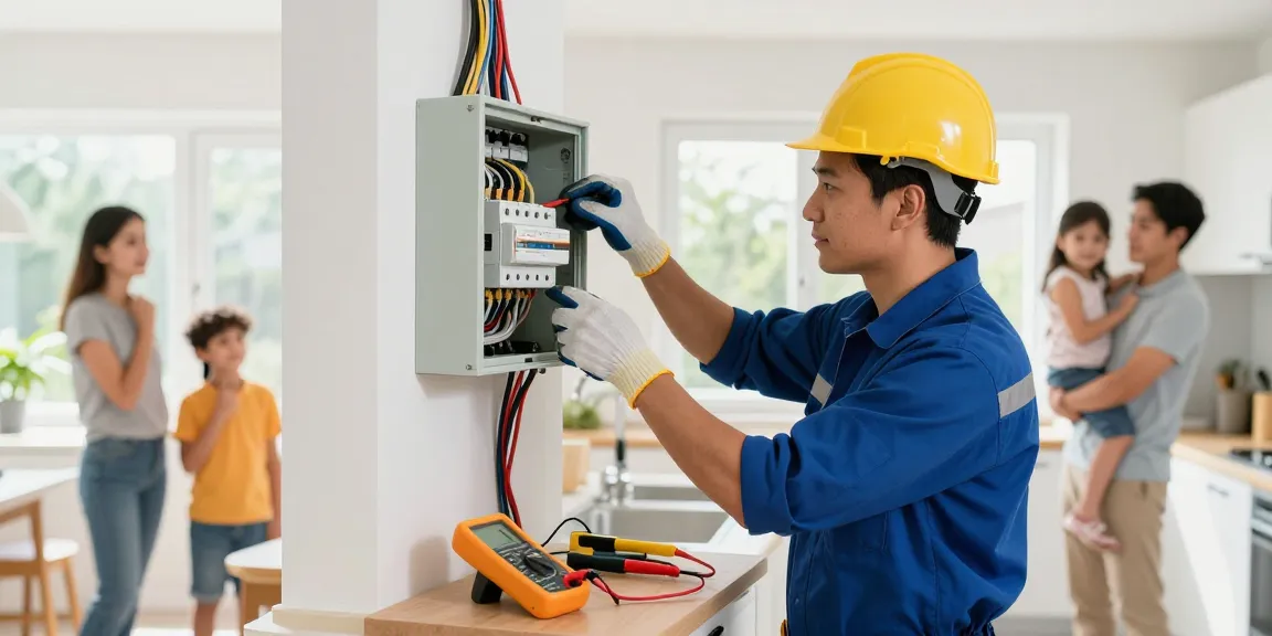 This page features an emergency electrician inspecting a circuit breaker in a modern home.