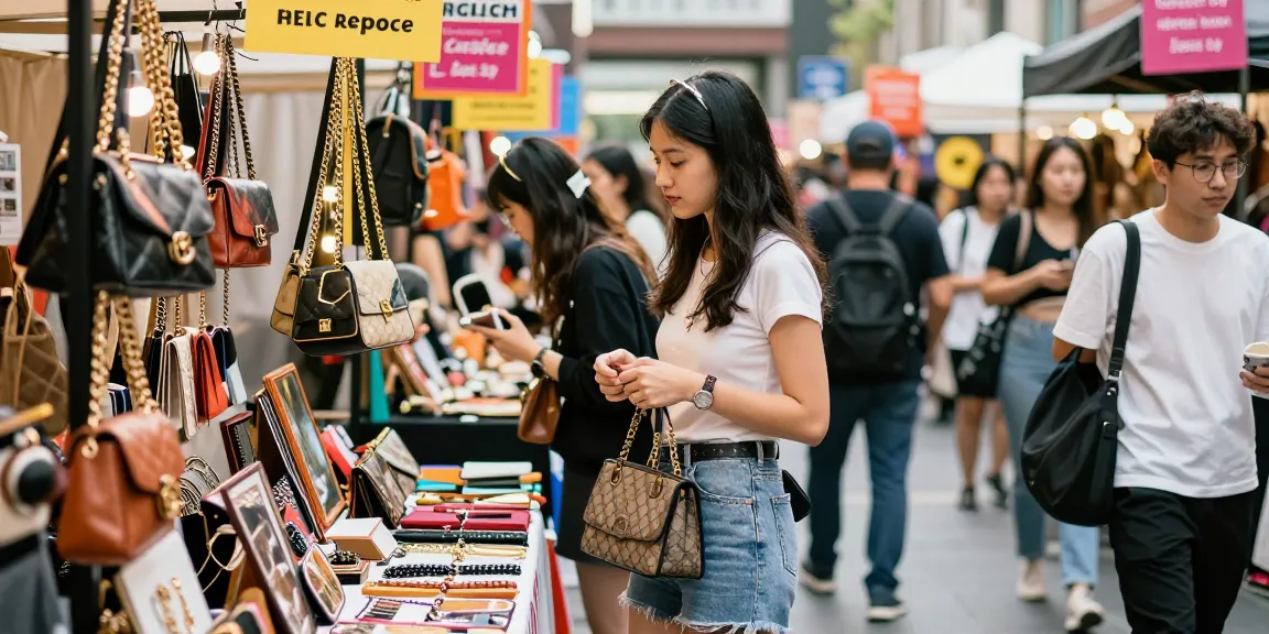 Stylish young woman shopping for high-quality 레플리카 accessories in an urban marketplace