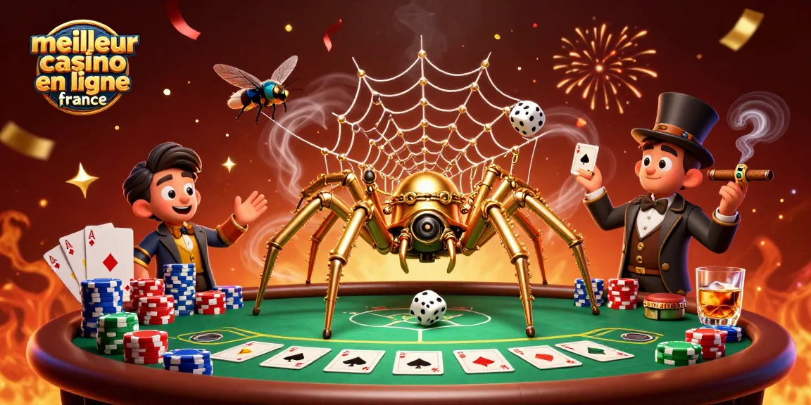Illustration dynamique d'une araignée dorée et d'un homme vol dans le meilleur casino en ligne France.