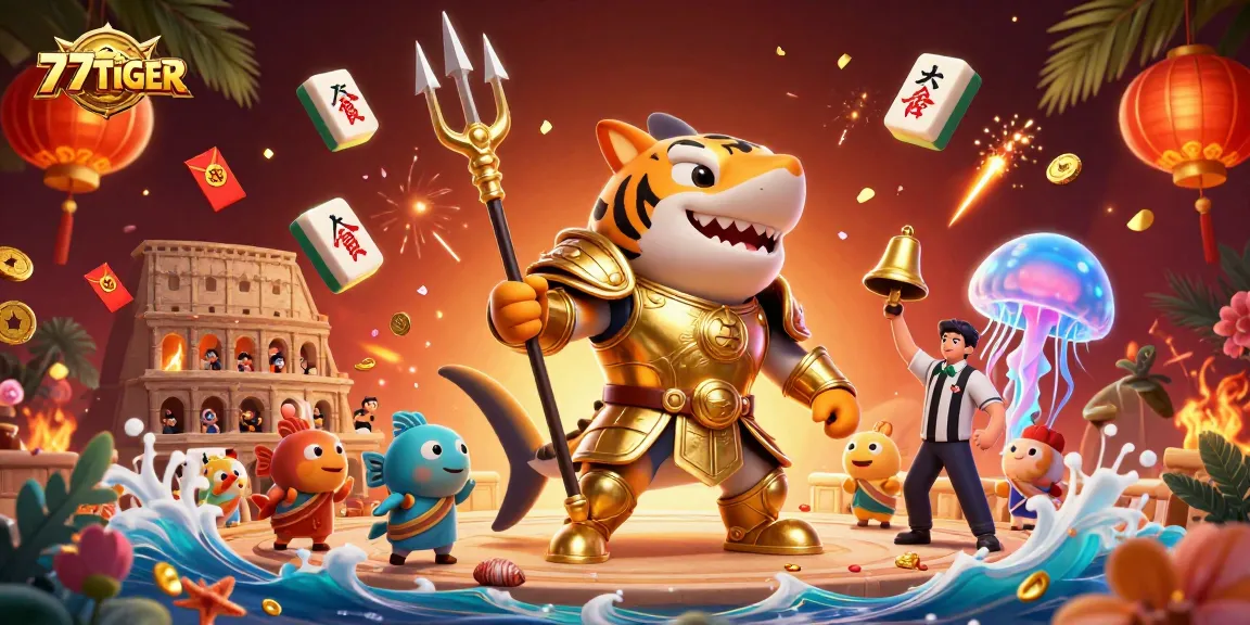 Experience the excitement of 777TIGER casino with vibrant gaming elements in a dynamic 3D scene.