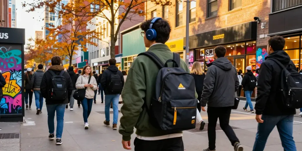 Stylish urban traveler showcasing rokok88 fashion accessories in a vibrant city atmosphere.