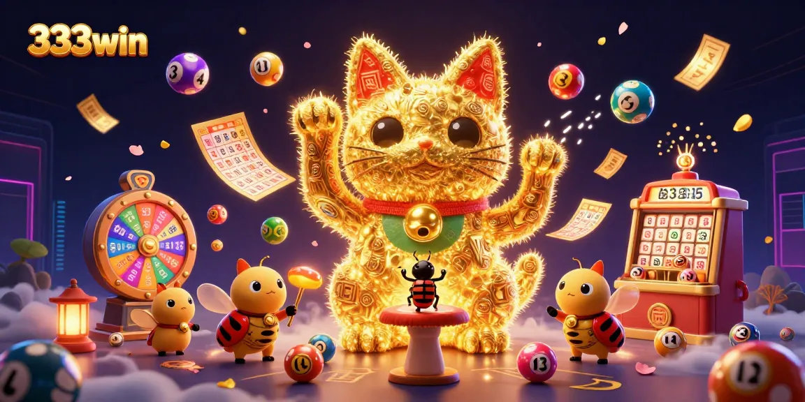 Experience the vibrant 333win gaming world with dynamic visuals of a lucky cat and casino symbols.