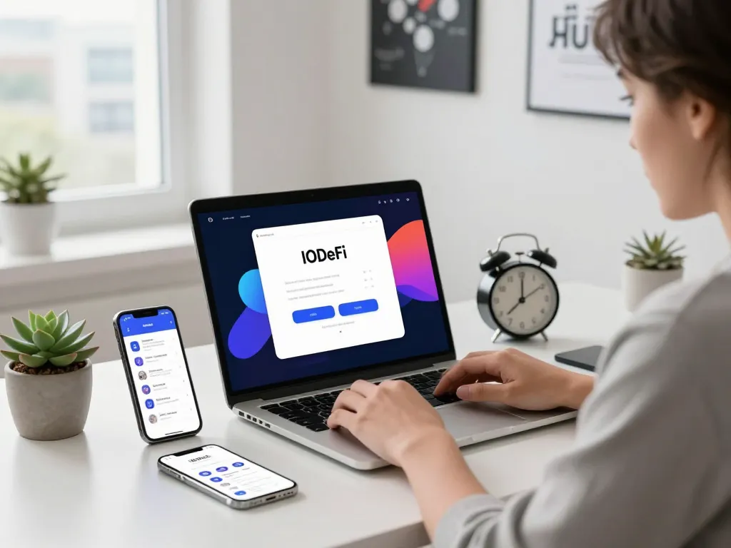 User engaging with the IODeFi login interface on a laptop in a modern workspace.