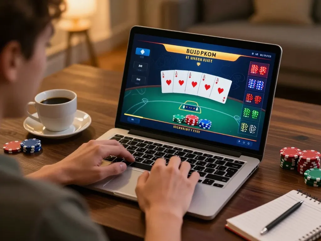 Player engaged with nhacaiuytinn's online casino platform, showcasing poker strategy in cozy home setting.