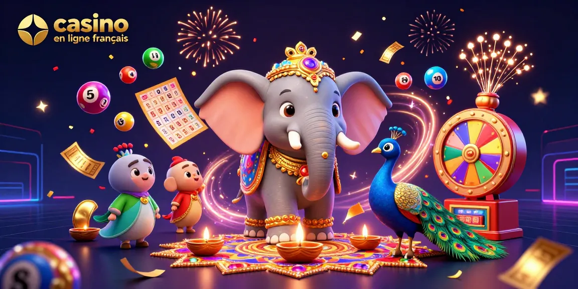 Jouez et gagnez sur casino en ligne français avec des éléphants colorés et éléments festifs.