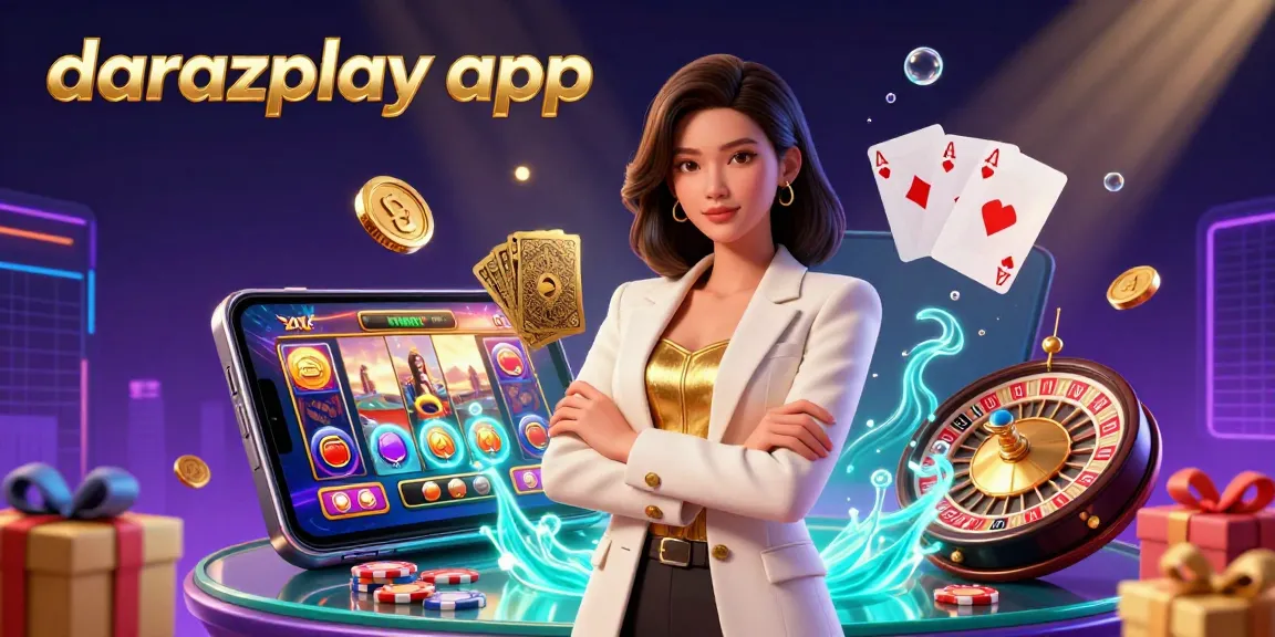 Engage with the darazplay app in an exciting digital casino environment featuring vibrant slot games and golden cards.