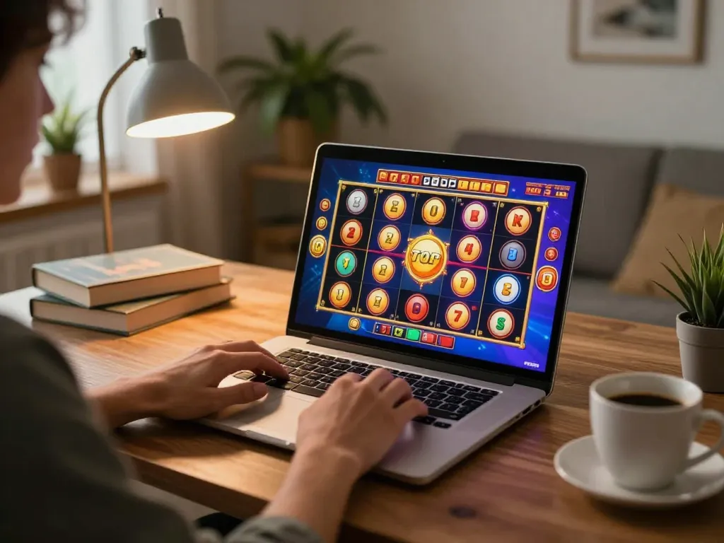 Playing slot luar negeri on a laptop during a cozy home gaming session, showcasing vibrant slot graphics.