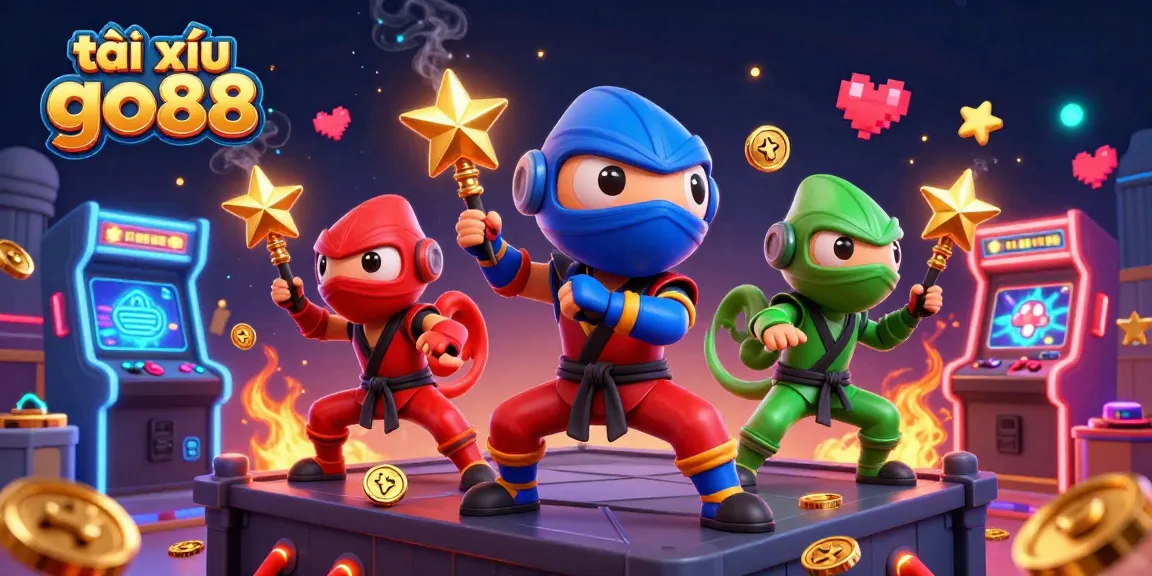 Engage with tài xỉu go88 through a vibrant scene showcasing ninja chameleons amidst arcade and casino elements.