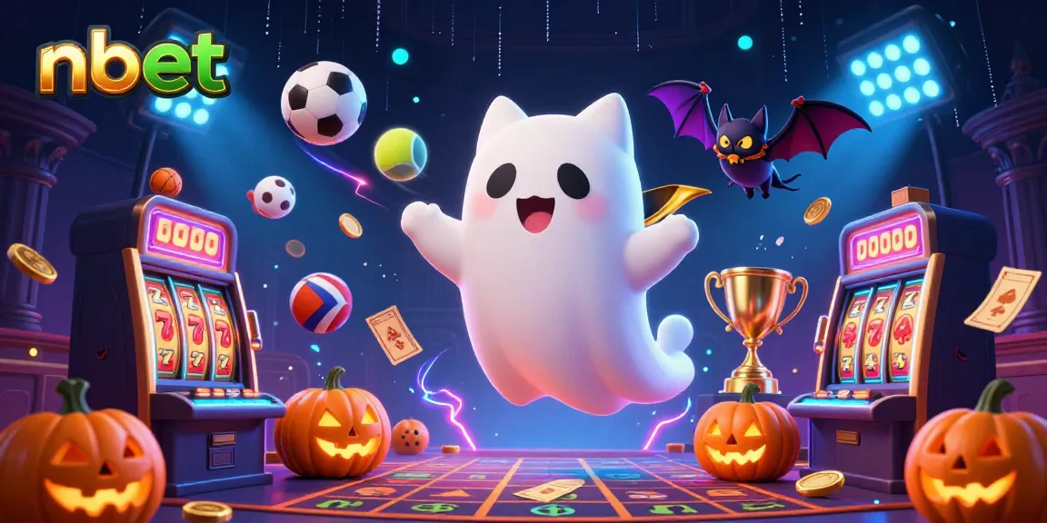 Nbet features a lively scene of a friendly ghost cat and a bat in a haunted casino atmosphere.